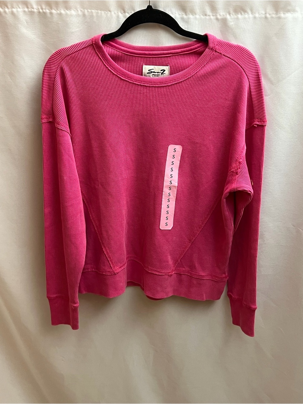 Seven7 Women’s Hot Pink Waffle Knit Crewneck Sweatshirt Small Relaxed NWT